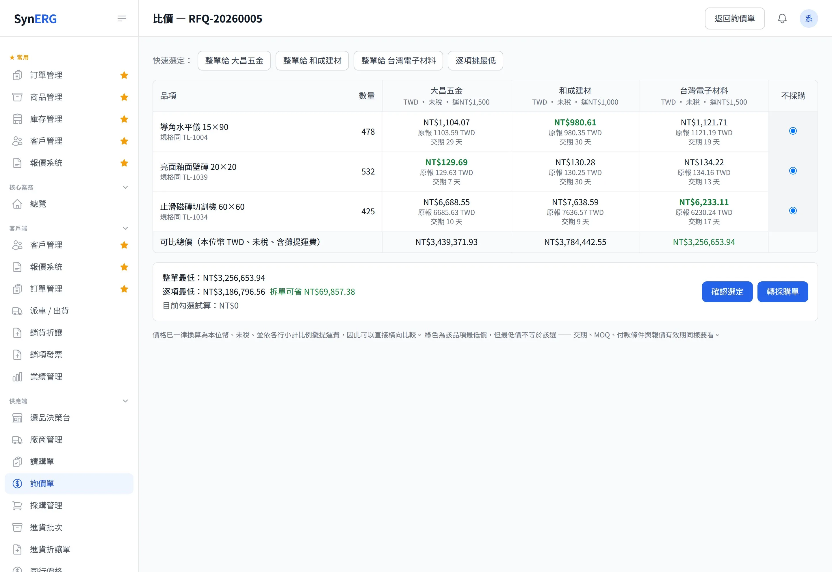 SynERP 詢價比價畫面